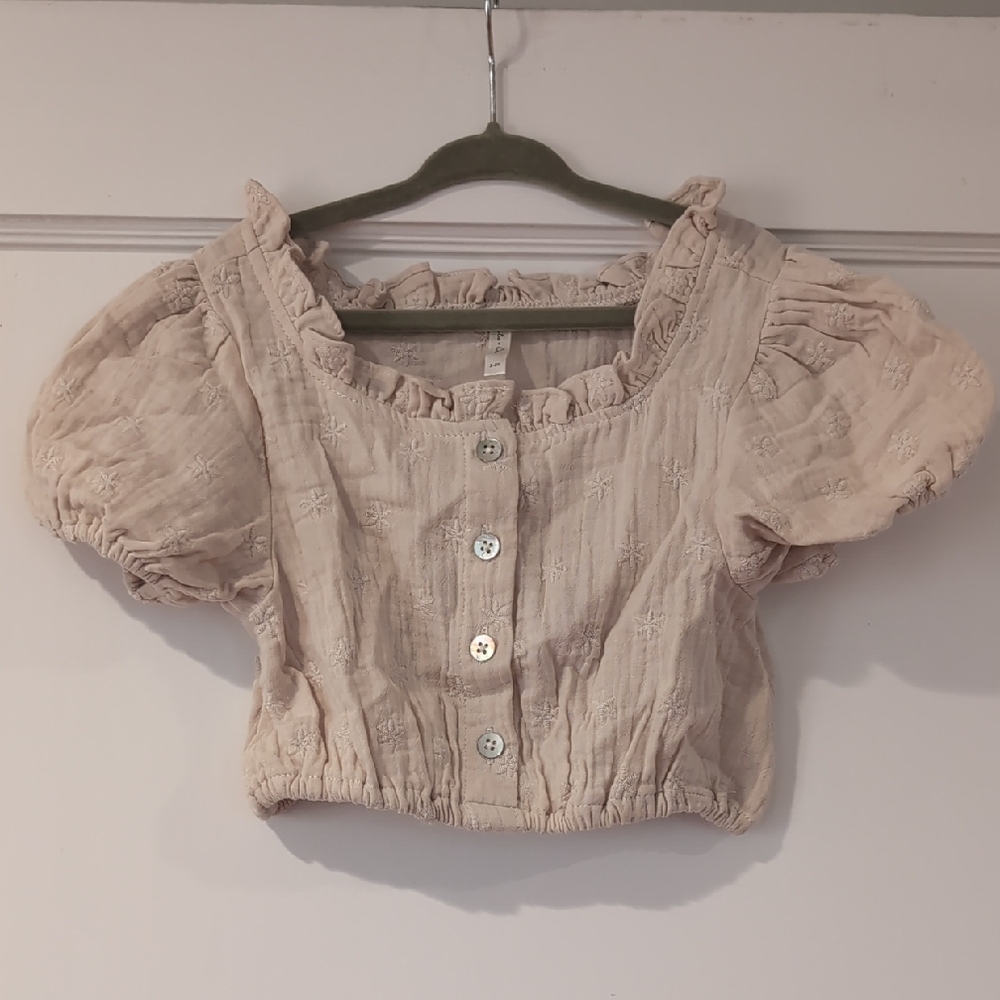 Rylee + Cru Beige Puff Sleeve Button-Up Crop Top Sz2-3